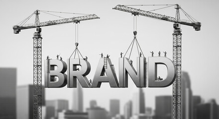 Monochrome image featuring cranes lifting the word "BRAND". Little figures are working on the letters. Represents construction, brand creation, teamwork