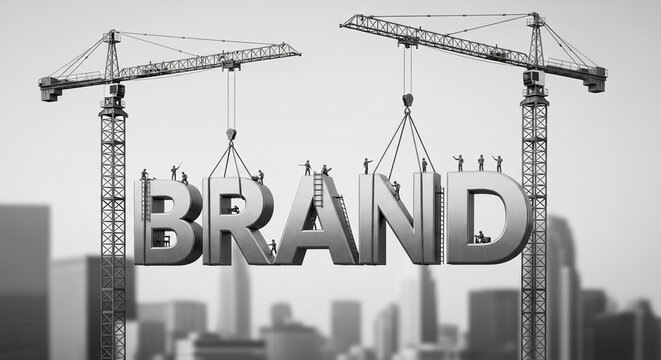Monochrome image featuring cranes lifting the word "BRAND". Little figures are working on the letters. Represents construction, brand creation, teamwork