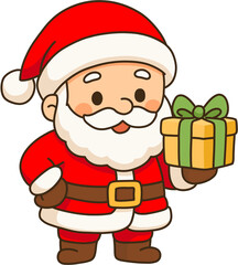 Cute Santa Claus Holding a Christmas Gift Box with a Green Ribbon