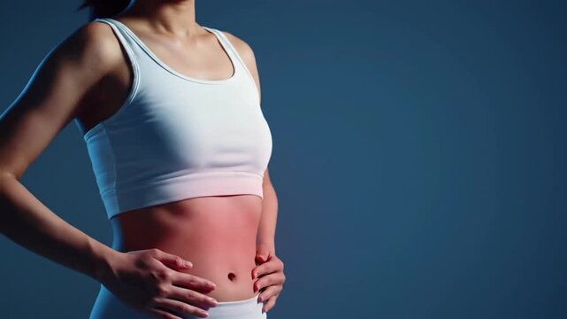 A woman in a white sports bra holds her stomach against a blue background, highlighting a reddened area