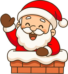 Cartoon Santa Claus Joyfully Waving from the Chimney on Christmas