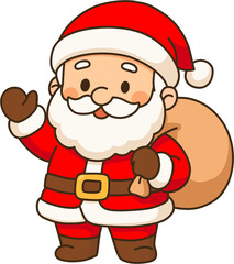 Cute Cartoon Santa Claus Waving with a Gift Sack