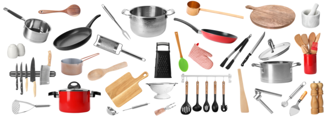extensive collection of modern kitchen utensils and cookware on a transparent background