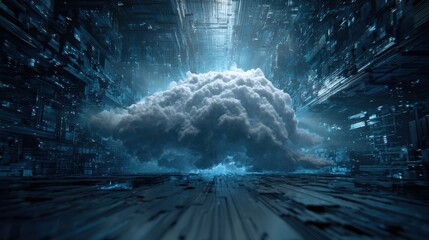 A futuristic cloud floating amidst digital architecture, highlighting innovation in technology and design.