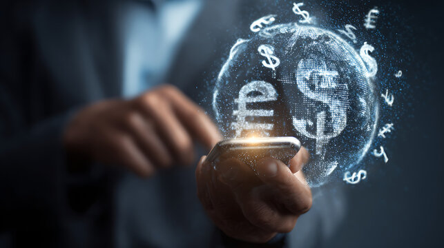 Close up of hand holding smartphone displaying glowing digital globe with currency symbols and financial data