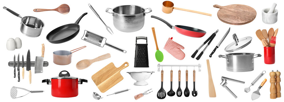 extensive collection of modern kitchen utensils and cookware on a transparent background