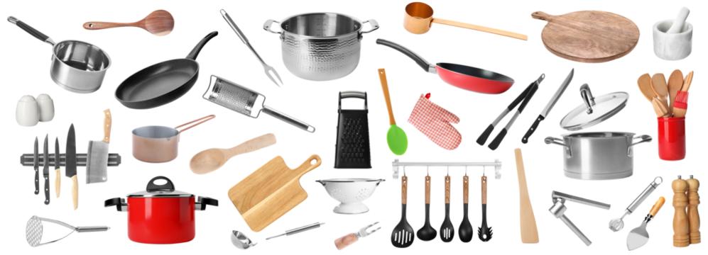 extensive collection of modern kitchen utensils and cookware on a transparent background - Powered by Adobe