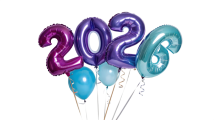 Colorful 2026 balloons isolated on transparent background create a festive atmosphere for new year celebration with vibrant hues