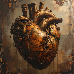 Rustic mechanical heart with gears and pipes, steampunk organ, aged metal texture, intricate veins and cogs, moody atmospheric lighting