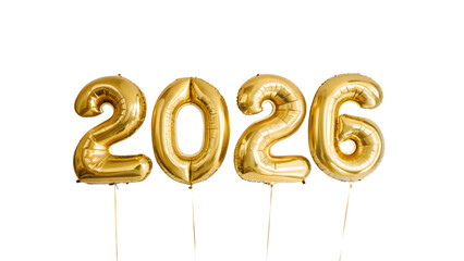 Golden 2026 balloons isolated on transparent background announce the upcoming new year with festive and celebratory atmosphere