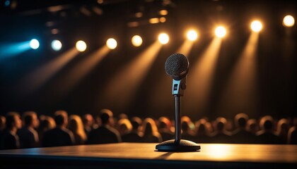 Microphone on stage with audience in background under spotlight  
