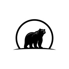 A bold black silhouette of a standing bear is framed by a simple circular arch design.
