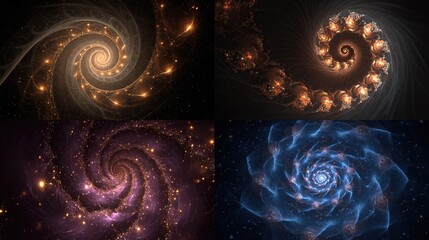 Four spiraling fractal designs in gold, orange, purple, and blue tones on dark backgrounds