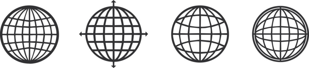 Obraz premium Four stylized globe icons with grid lines and arrows indicating expansion and contraction 