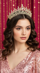 Fototapeta premium Young woman with brown curly hair wears a pink sequined dress and a jeweled crown against a red background, symbolizing elegance, royalty, and beauty