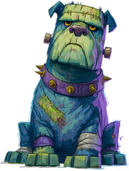 Cartoon bulldog as Frankenstein&rsquo;s monster with stitches and bolts, spooky yet funny, perfect for Halloween art, poster, and decoration.