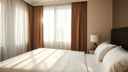 Fototapeta premium Elegant hotel bedroom bathed in morning sunlight, featuring a neatly made bed and inviting atmosphere.