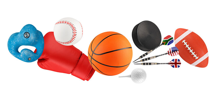 assortment of sports equipment featuring balls, a boxing glove, darts, and climbing gear on black