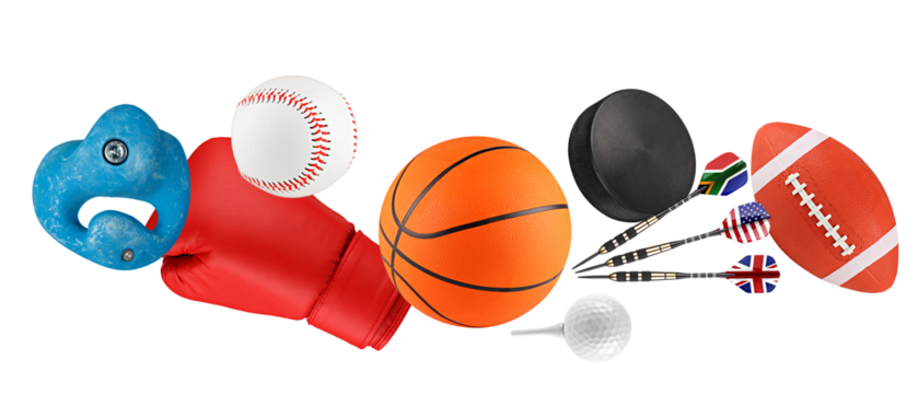 assortment of sports equipment featuring balls, a boxing glove, darts, and climbing gear on black