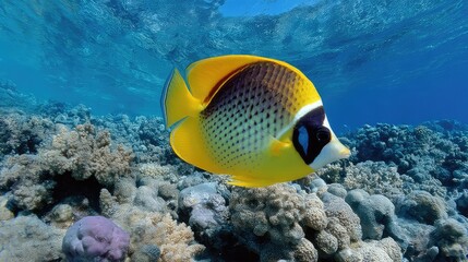 A vibrantly colored butterflyfish gracefully swims in a clear blue ocean, showcasing a stunning marine environment. The fish features bright yellow, black and white markings.