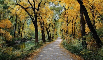 Fototapeta premium Autumnal path through golden woods