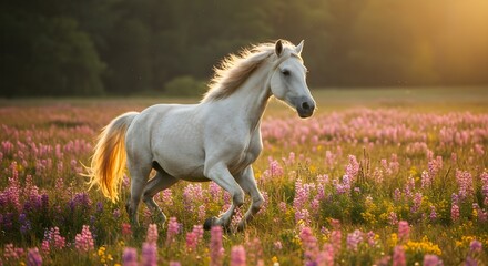 A powerful white horse galloping freely in a grassy field under clear daylight.