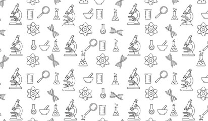 Intricate scientific exploration pattern featuring essential laboratory instruments and educational research tools