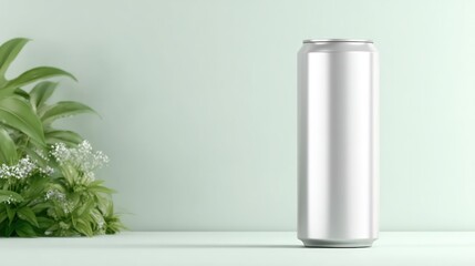 A sleek and minimalist aluminum can, standing tall beside fresh greenery