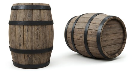 Fototapeta premium Two rustic wooden barrels with dark metal rims. One is standing upright and the other is lying on its side, both against a white background.