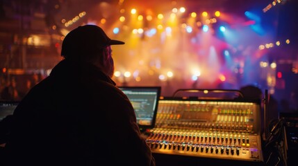 A sound engineer manages audio levels during a live concert performance with colorful stage lights.