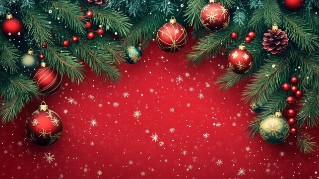 Vertical Christmas background featuring pine branches and colorful ornaments arranged on red surface in nostalgic holiday theme