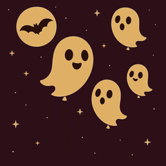 Cute ghosts and a bat floating in the night sky with a full moon and stars