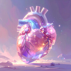 Sparkling crystal heart glowing anatomical heart pastel gemstone heart luminous vascular detail surreal romantic object