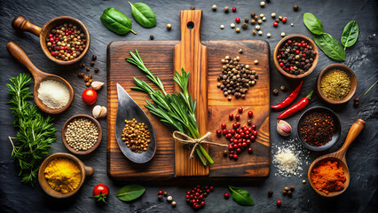 Flat lay of chef cutting board with spices and herbs cooking food rustic culinary recipe background  