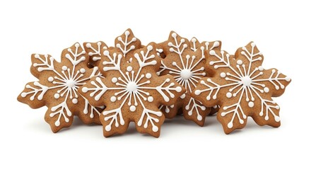 A pile of gingerbread snowflake cookies decorated with white icing on a white background