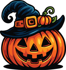 Smiling jack o lantern pumpkin with witch hat for spooky Halloween celebration