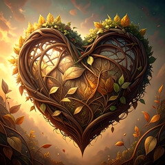 Heart shaped woven vine sculpture with golden leaves and glowing sunset warmth, whimsical romantic forest scene