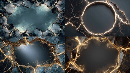 and keyword list based on the image

 Four dark geometric designs cracked stone texture with gold veins and hazy backgrounds