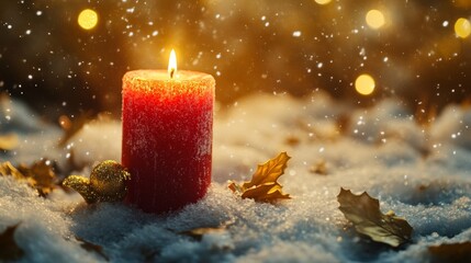 Red candle representing first Advent Sunday holiday decoration against snowy backdrop with warm golden lights