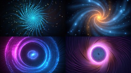 Four glowing, abstract spirals. Digital art