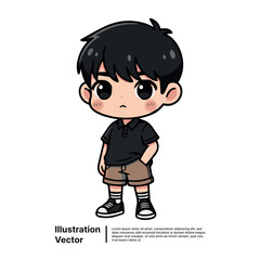 Adorable anime-style chibi boy character illustration with black hair in casual polo and shorts