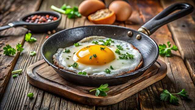 Hot fried egg in cast iron skillet delicious breakfast meal food rustic cooking kitchen lifestyle   - Powered by Adobe