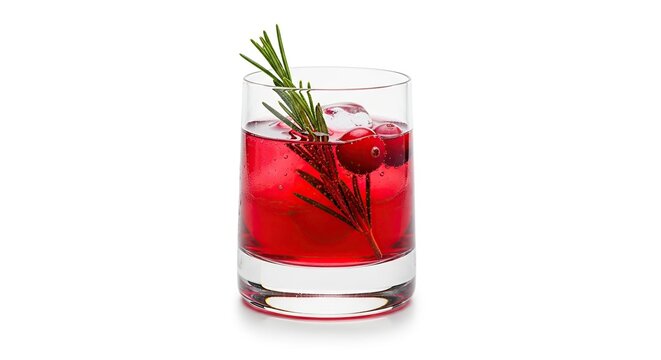 A clear glass filled with a red beverage garnished with rosemary and cranberries on a white background