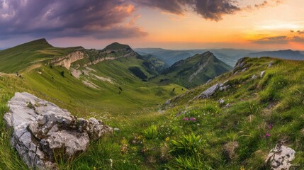 alpine. Panoramic alpine landscape at dusk with warm golden light on mountain peaks. travel magazines, destination branding, designed for outdoor magazines and nature guides.
