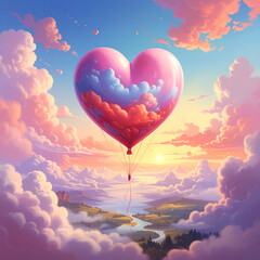 Heart shaped hot air balloon floating at sunset with colorful cloud reflections and romantic mood