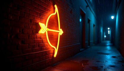 Glowing Yellow Bow and Arrow Neon Sign on Brick Wall in Rainy Alleyway