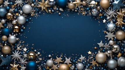 Silver and Gold Christmas Baubles and Stars Arranged on Dark Blue Background as Holiday Frame