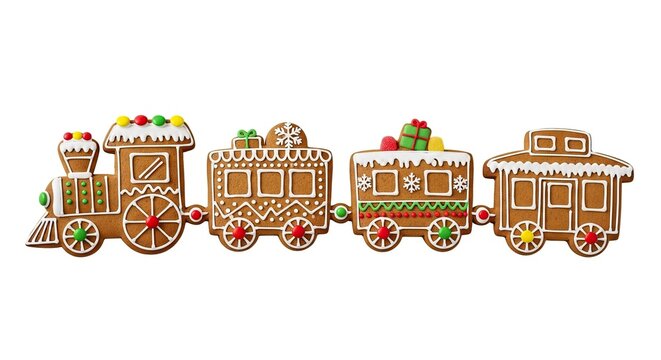Gingerbread train cookies decorated with icing and candies on a white background for the holiday season
