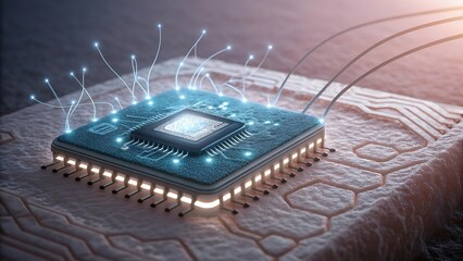 Closeup of a glowing computer processor chip with intricate circuitry and illuminated connections, symbolizing advanced technology and data processing.