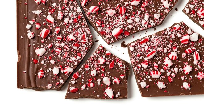A close up of broken pieces of chocolate bark topped with crushed peppermint candies on a white surface